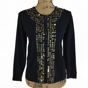 DEBRA DEROO Cardigan SMALL Black Silk Lined Knit Top‎ Gold Sequin Embellished